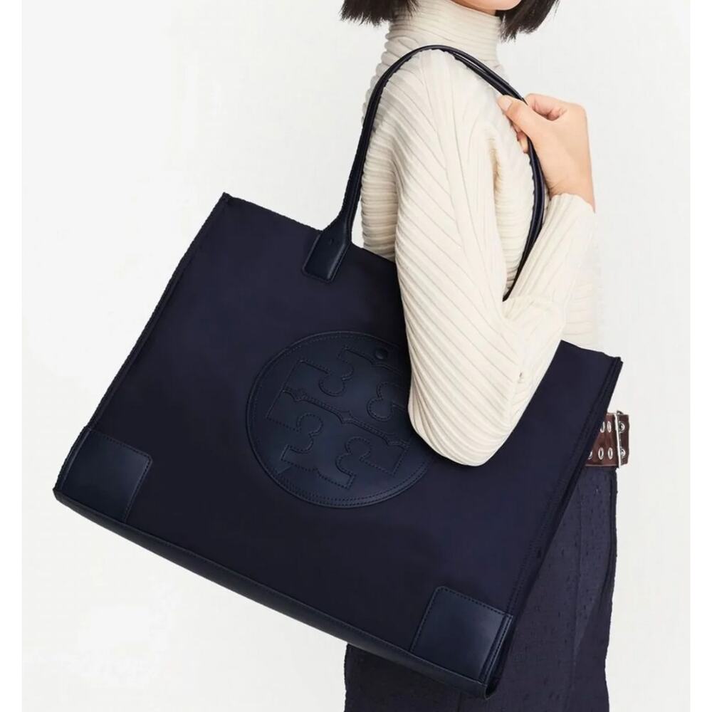 Tory Burch Ella Large Navy Blue Logo Tote Bag Recycled Nylon